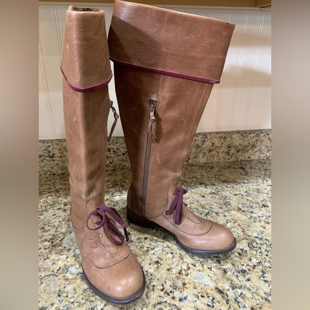 Anthropologie Tan Lace-Up Knee-High Boots with Purple Trim